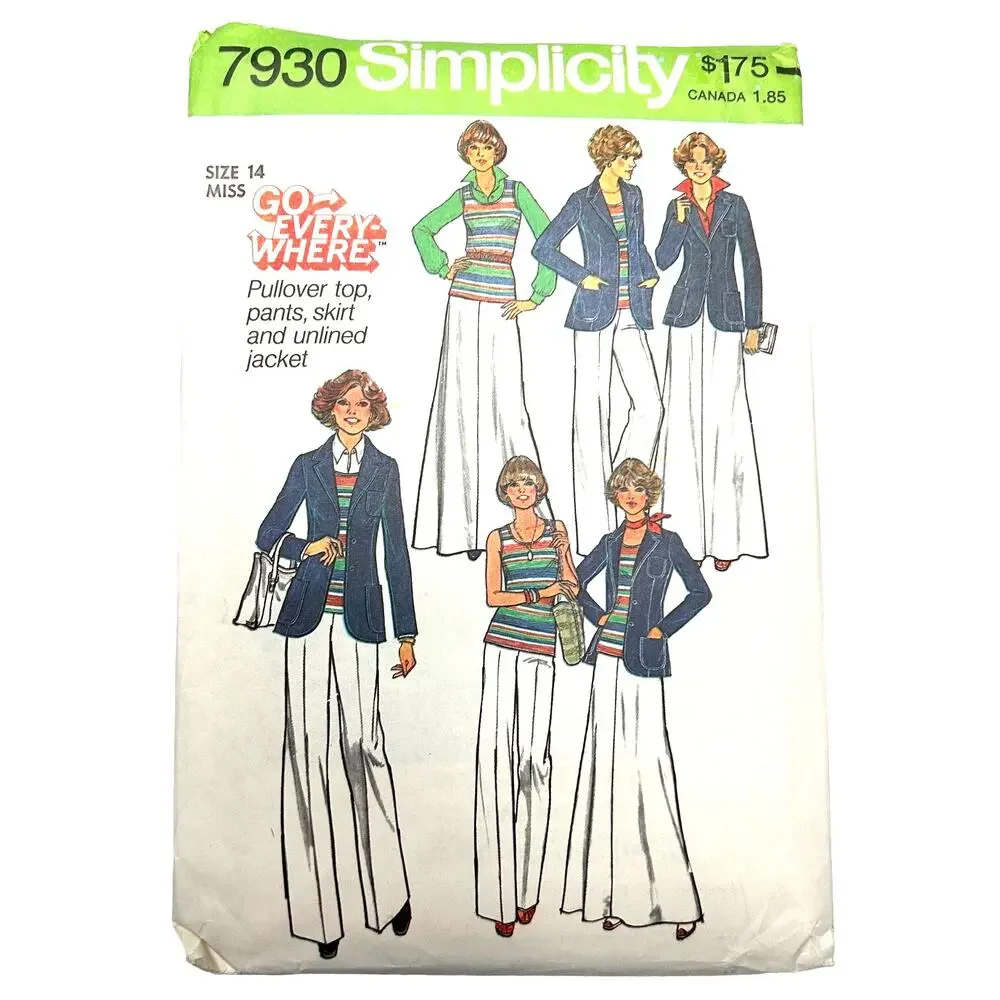 Simplicity Vintage 1970's Pattern #7930 Misses Pants/Skirt/Top/ Jacket Size 14‎
